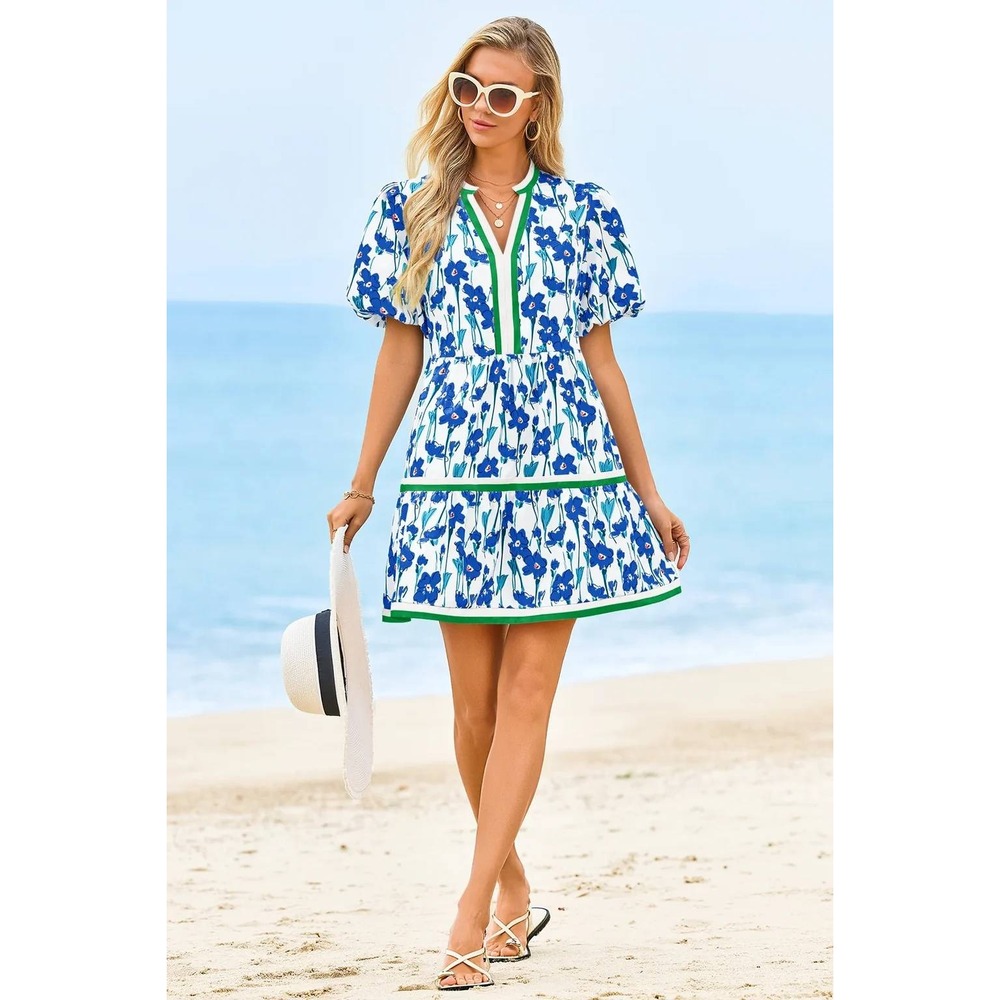 Cicy Bell Floral Mini Dress Blue White Green Tiered Puff Sleeve J7K227 Medium